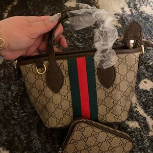 Gucci Brown GG Canvas Mini Tote with Green and Red Web